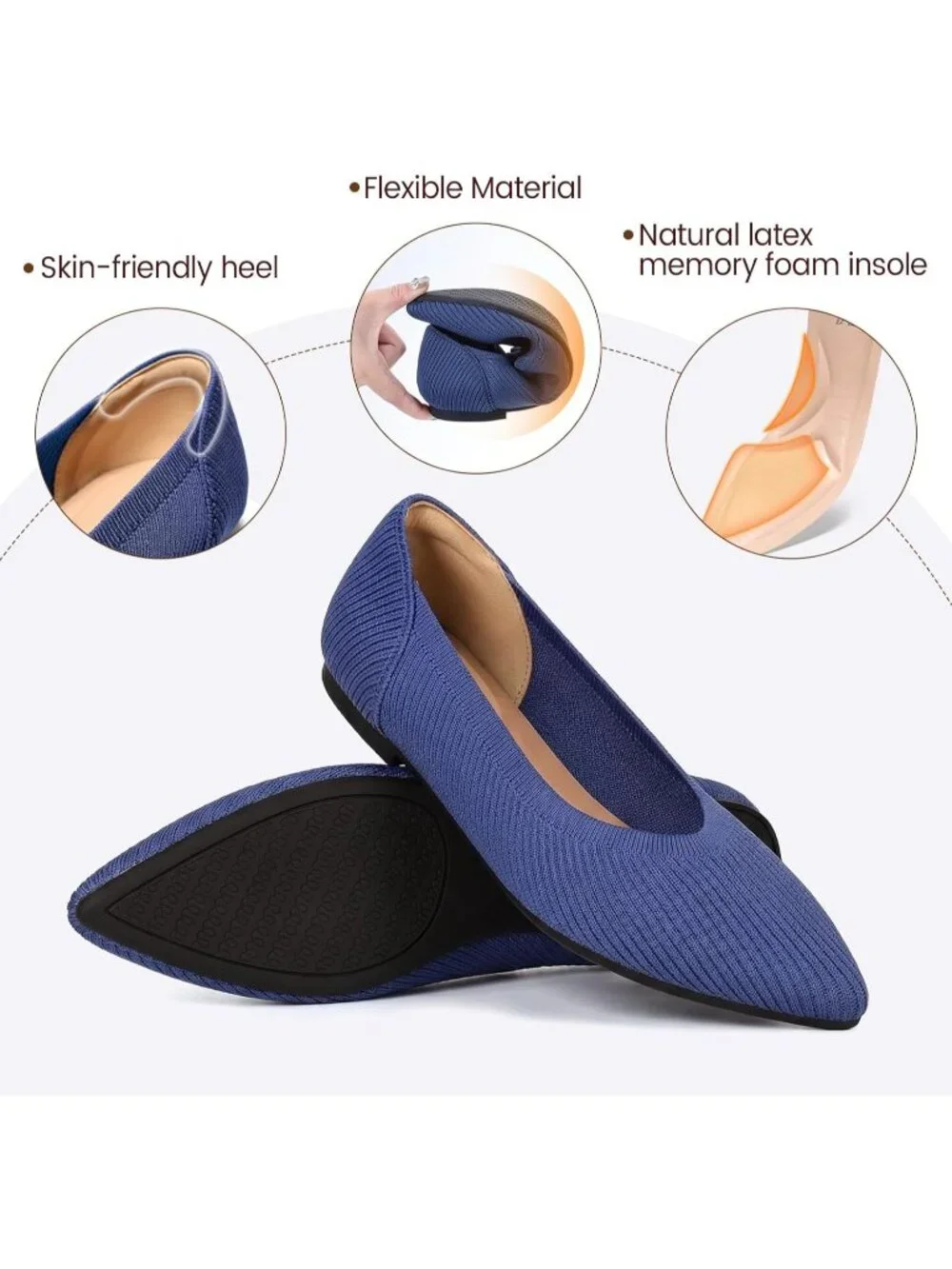 Women's Navy Blue Pointed Toe Comfort Foldable Slip On Knit Ballet Flat Shoes